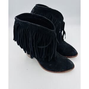 Frye Ilana Fringe Short Boots Women's 9.5 Black Suede Burnished Toe Stacked Heel